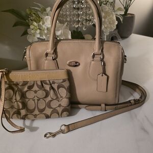 Coach Tan Leather Handbag and Pouch Set